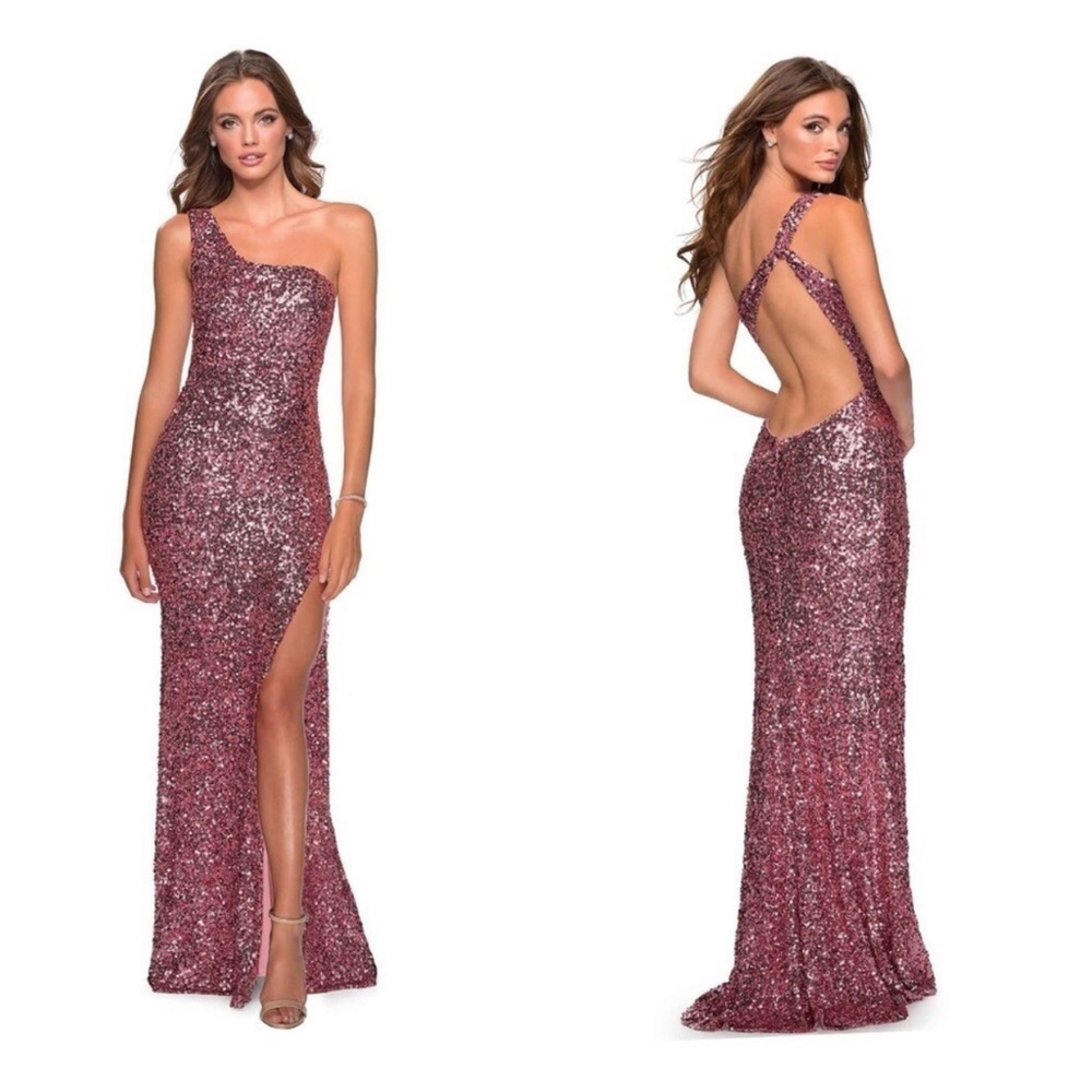 La Femme Sequin One Shoulder Open Back Long Gown